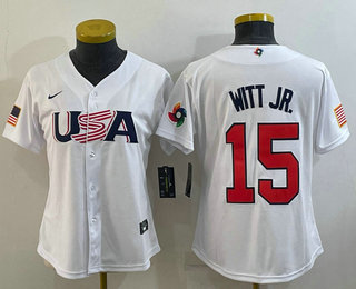 Womens USA Baseball #15 Bobby Witt Jr 2023 White World Classic Replica Stitched Jerseys
